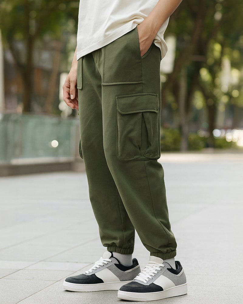 bewakoof Men's Winter Moss Green Oversized Cargo Warm Joggers - Image 1